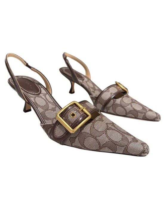 Coach Shoes - Coach Brown Signature Canvas Slingback Kitten Heels With Gold Buckle - Size 8